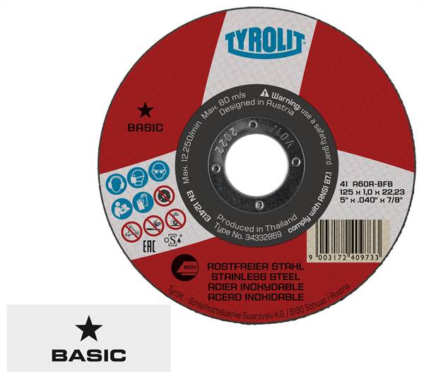 Rezna ploča čelik "super tanka" 41, 125x1,0x22,23mm ravna A60R-BFB INOX TYROLIT, Z34332869